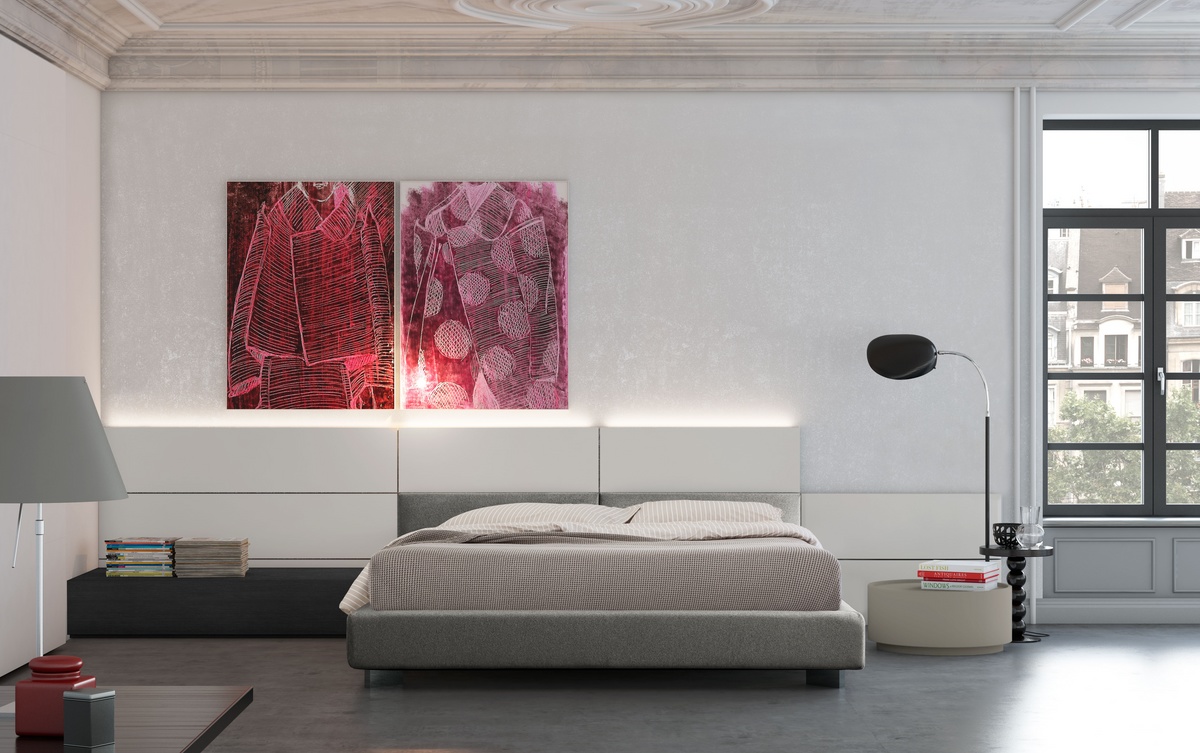 Vintage, Letto design, giroletto in legno, testata imbottita reclinabile